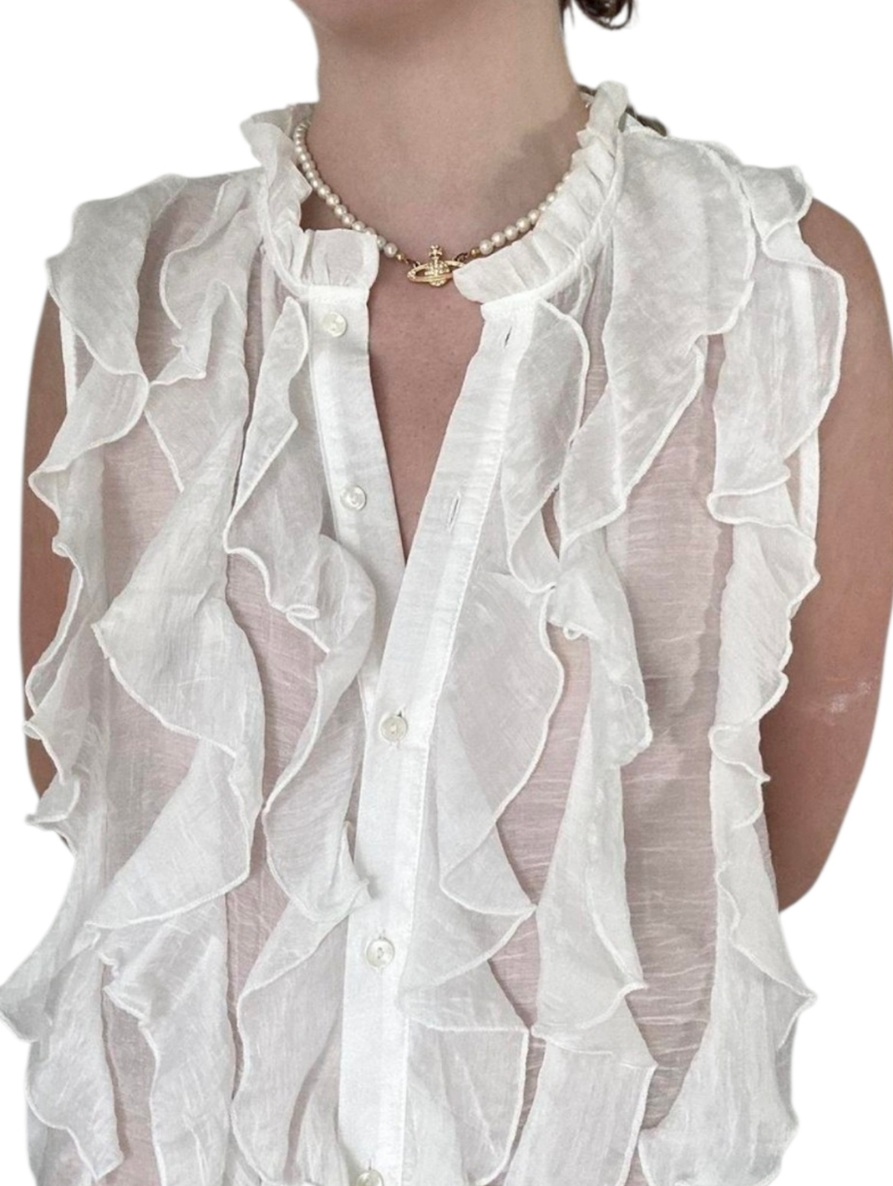 Zara Sheer Ruffle-Front Sleeveless Blouse in Cream, Sz S